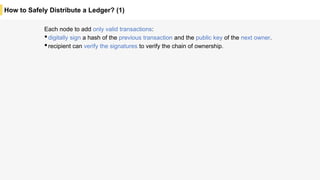 How to Safely Distribute a Ledger? (1)
Each node to add only valid transactions:
•digitally sign a hash of the previous transaction and the public key of the next owner.
•recipient can verify the signatures to verify the chain of ownership.
 
