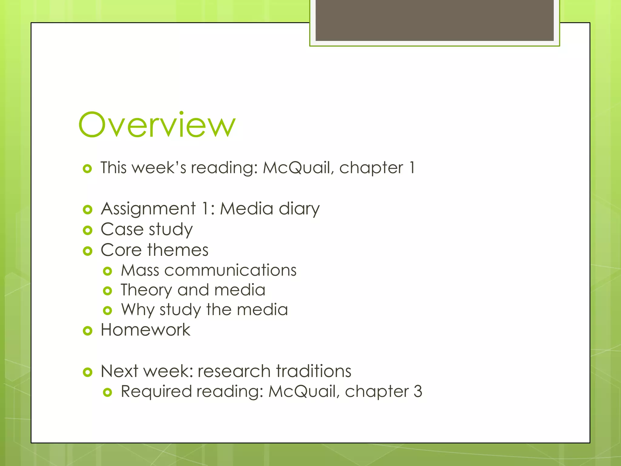 Lecture 14: Critical PerspectivesBlock 1: Core conceptsLecture 1: What is media and why study it?Lecture 2: Research traditions and critical conceptsBlock 2: Media systems and historyLecture 3: Media structures: Culture industries and media systemsLecture 4: Print cultures and public interestLecture 5: Digital media from television to the internetLecture 6: Convergence