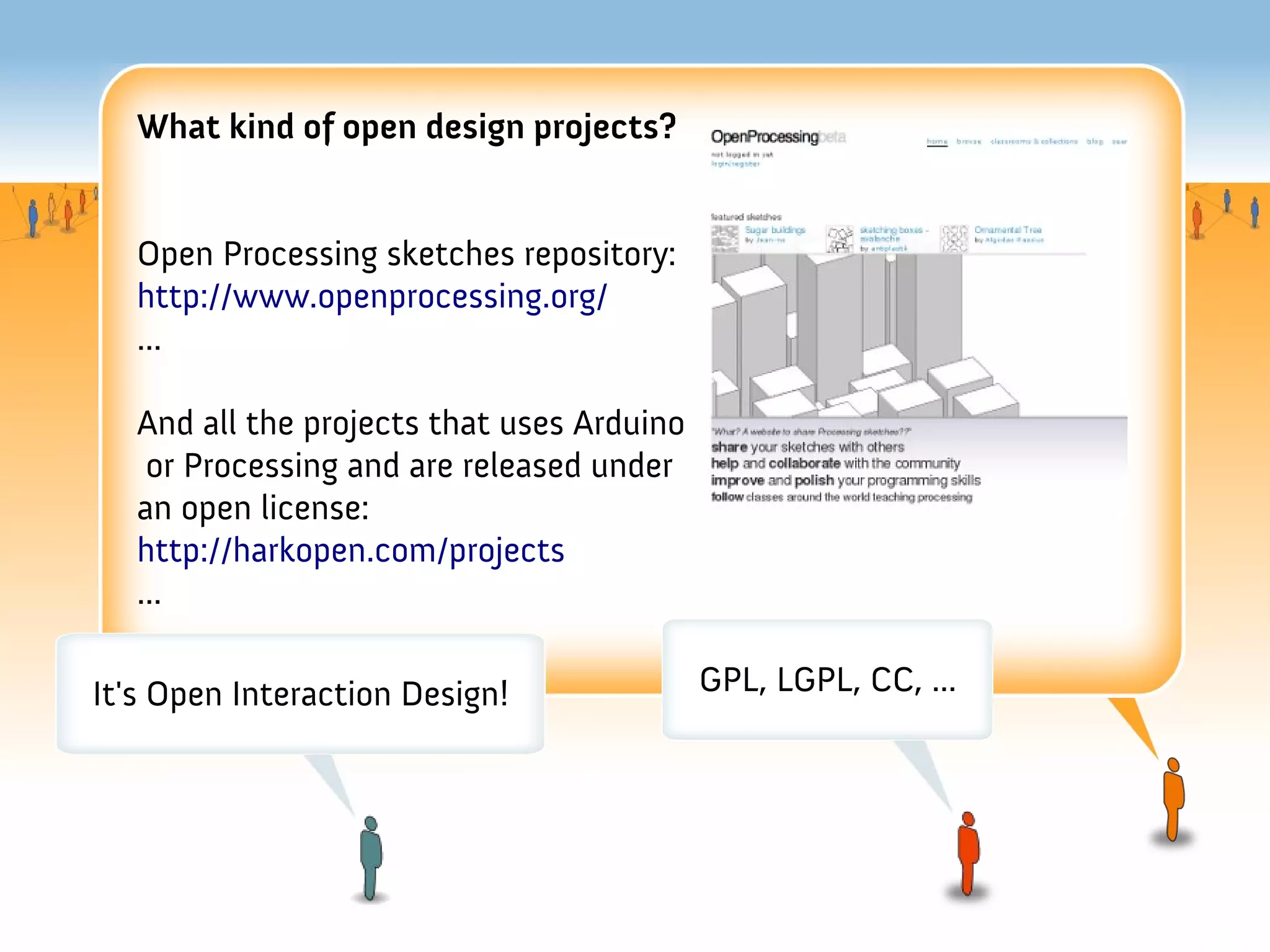 What kind of open design projects?


   Open Processing sketches repository:
   http://www.openprocessing.org/
   ...

   And all the projects that uses Arduino
    or Processing and are released under
   an open license:
   http://harkopen.com/projects
   ...

It's Open Interaction Design!               GPL, LGPL, CC, ...
 