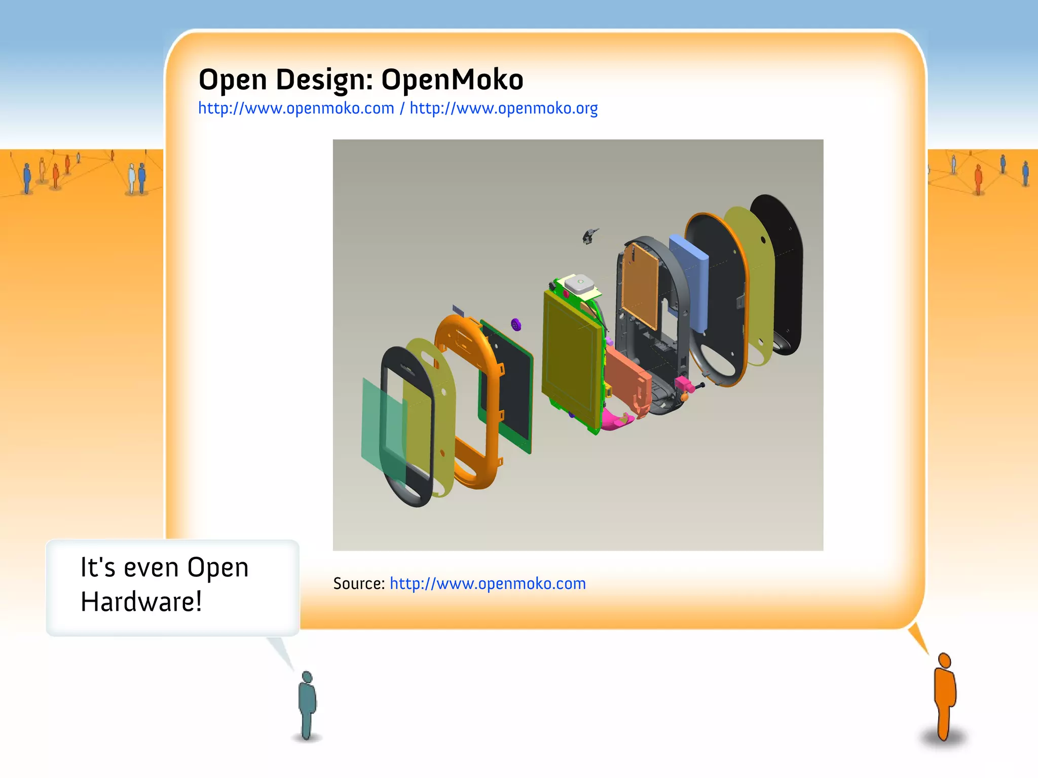 Open Design: OpenMoko
         http://www.openmoko.com / http://www.openmoko.org




It's even Open           Source: http://www.openmoko.com
Hardware!
 