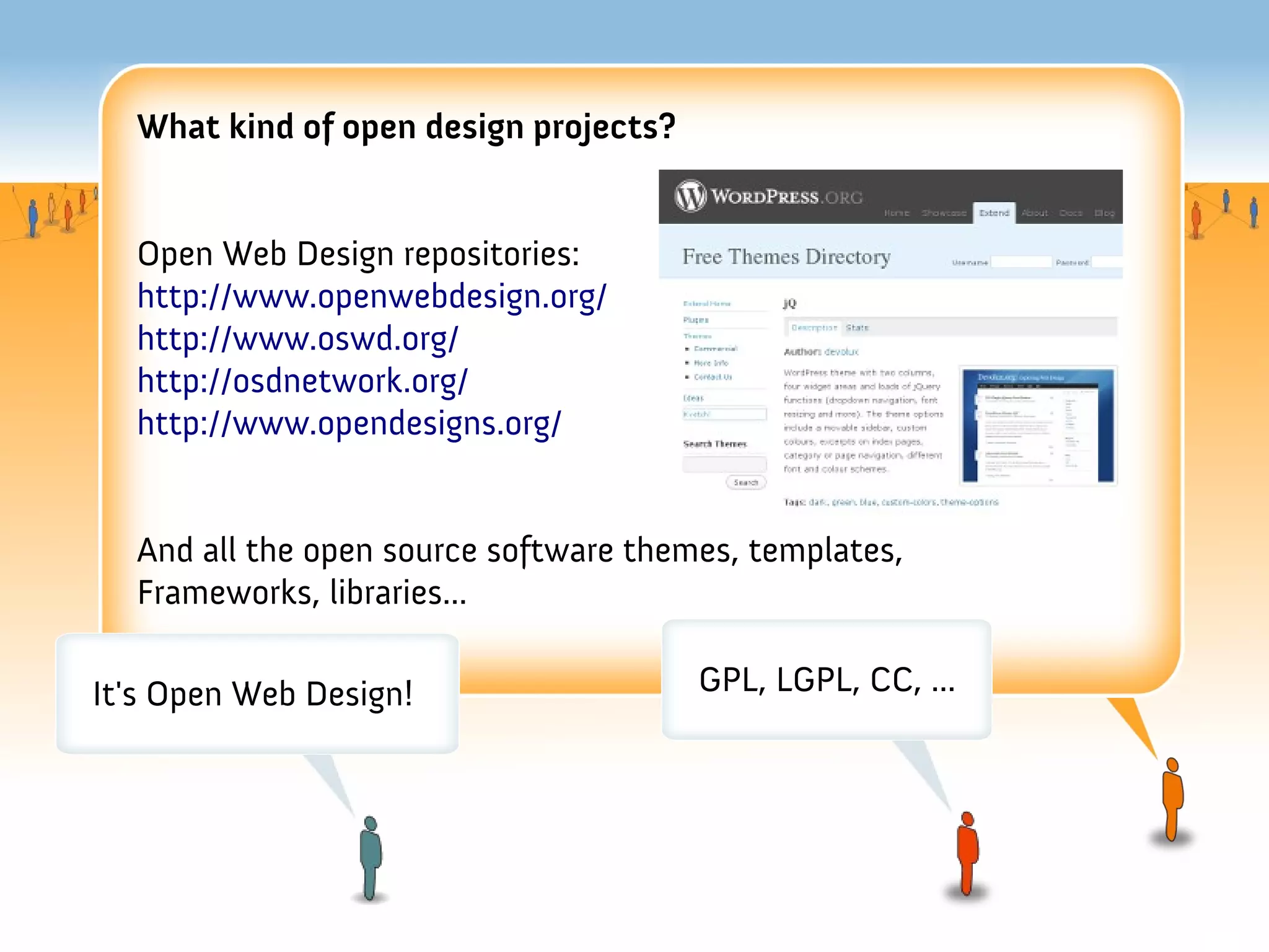 What kind of open design projects?


  Open Web Design repositories:
  http://www.openwebdesign.org/
  http://www.oswd.org/
  http://osdnetwork.org/
  http://www.opendesigns.org/


  And all the open source software themes, templates,
  Frameworks, libraries...

It's Open Web Design!                  GPL, LGPL, CC, ...
 