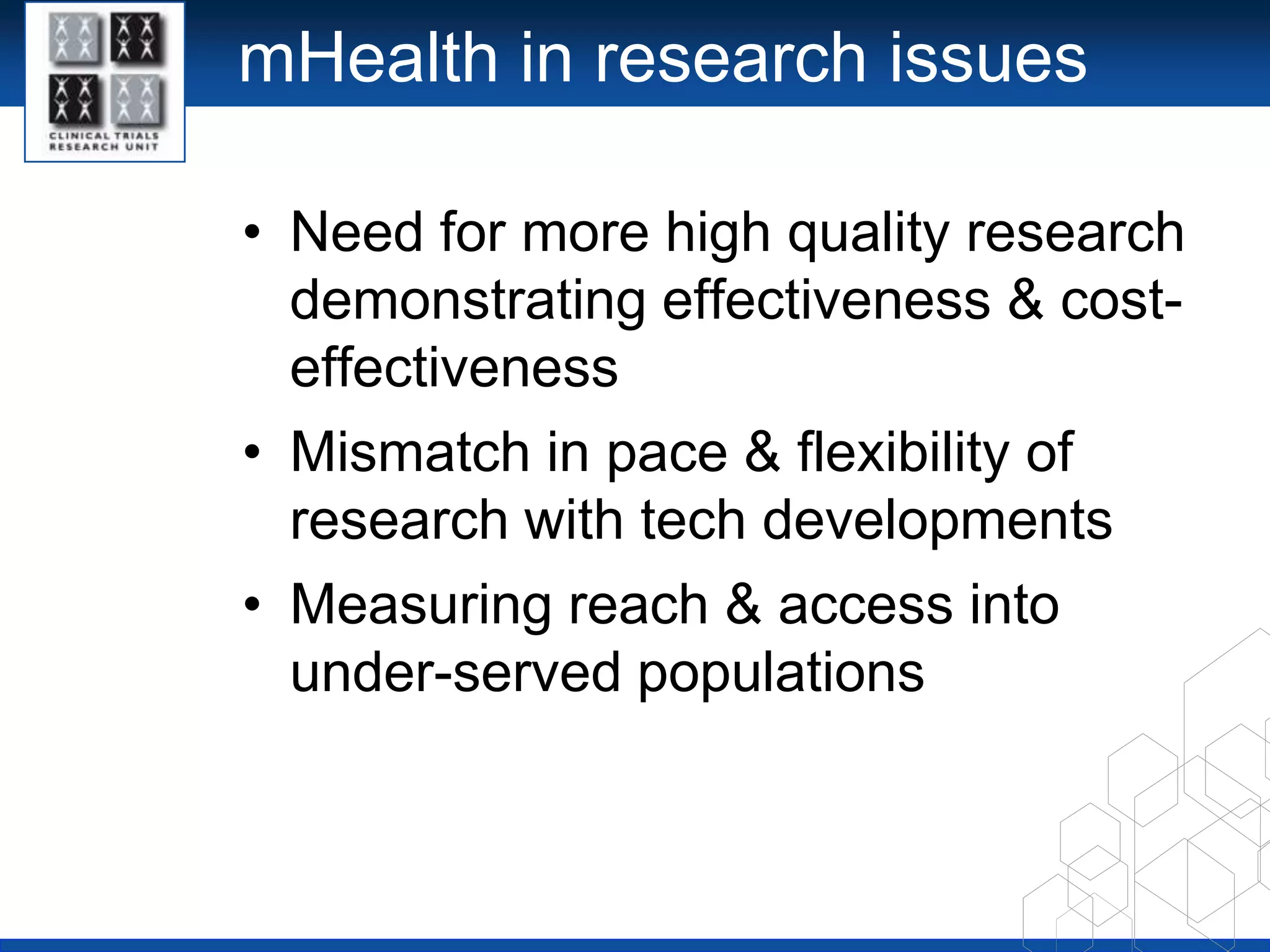 Health system issuesWho pays/reimbursementCompeting priorities & opportunity costIntegration into existing systems, practice & EHRsClinical roles & accountabilityLack of demonstrably sustainable business models 