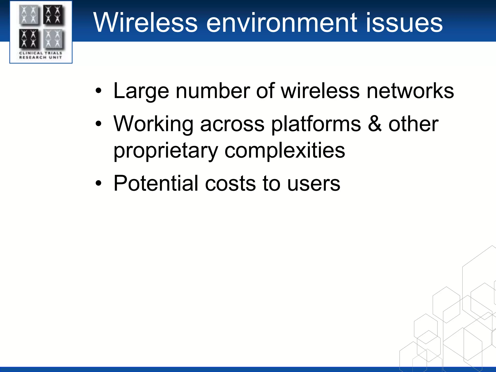 Issues in mHealth: categoriesPolicy & regulatoryWireless environmentHealth systemmHealth in practicemHealth research
