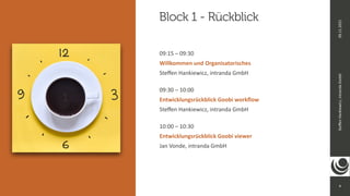 4
Ste
ff
en
Hankiewicz,
intranda
GmbH
09.11.2021
Block 1 - Rückblick
09:15 – 09:30
 
Willkommen und Organisatorisches
 
Ste
ff
en Hankiewicz, intranda GmbH


09:30 – 10:00
 
Entwicklungsrückblick Goobi work
fl
ow
 
Ste
ff
en Hankiewicz, intranda GmbH


10:00 – 10:30
 
Entwicklungsrückblick Goobi viewer
 
Jan Vonde, intranda GmbH
1
 