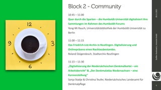 5
Ste
ff
en
Hankiewicz,
intranda
GmbH
09.11.2021
10:45 – 11:00
 
Quer durch die Sparten – die Humboldt-Universität digitalisiert ihre
Sammlungen im Rahmen des Humboldt-Forums
 
Yong-Mi Rauch, Universitätsbibliothek der Humboldt-Universität zu
Berlin


11:00 – 11:15
 
Das Friedrich-List-Archiv in Reutlingen. Digitalisierung und
Onlinepräsenz eines Nachlassbestandes.
 
Roland Deigendesch, Stadtarchiv Reutlingen


11:15 – 11:30
 
„Digitalisierung der Niedersächsischen Denkmalkartei – ein
Arbeitsbericht“ & „Der Denkmalatlas Niedersachsen – eine
Kurzvorstellung“
 
Sonja Stadje & Chris
ti
na Teufer, Niedersächsisches Landesamt für
Denkmalp
fl
ege
Block 2 - Community
2
 