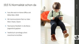 79
Ste
ff
en
Hankiewicz,
intranda
GmbH
09.11.2021
๏ Fast alle noch im Home-O
ffi
ce seit
Mi
tt
e März 2020


๏ Wir kommunizieren fast nur über
Mail / Slack / Zoom


๏ Teamweise Rückkehr in die Büros
(eigentlich) geplant


๏ Telefonisch vormi
tt
ags schon
manchmal erreichbar
19,3 % Normalität schon da
 