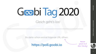 1
Steﬀen
Hankiewicz,
intranda
GmbH
22.09.2020
Gleich geht’s los!
Bis dahin schon einmal folgende URL öffnen:
https://poll.goobi.io
Besser
gleich auf
dem Handy!
 