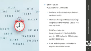 21
Steﬀen
Hankiewicz,
intranda
GmbH
22.09.2020
๏ 14:00 – 16:30
Austausch der Community
- Geplante und spontane Vorträge aus
der Community
- Themenschwerpunkt Crowdsourcing:
Ansprechpartner Michael Goetze von
der ZLB Berlin
- DDB-Sprechstunde:
Ansprechpartnerin Stefanie Rühle
von der DDB Fachstelle Bibliothek an
der SUB Gökngen
- Nach Bedarf weitere Fachecken in
eigenen Konferenzräumen
 