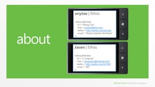 aboutanytao| Ethos<ethos:Member   id = “Wang Tao”   msn = anytao@live.comweibo = http://weibo.com/anytaorunat = “Senior System Architect”/>Jason | Ethos<ethos:Member   id = “Li Jingnan”   msn = zengnami@hotmail.comweibo= http://weibo.com/jn1981runat = “SE”/>