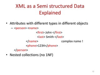 XML as a Semi structured Data
Explained
• Attributes with different types in different objects
– <person> <name>
<first> John </first>
<last> Smith </last>
</name> complex name !
<phone>1234</phone>
</person>
• Nested collections (no 1NF)
10
 