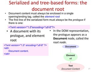 Serialized and tree-based forms: the
document root
• A document with its
prologue, and element
root
• In the DOM representation,
the prologue appears as a
Document node, called the
root node.
21
• Document content must always be enclosed in a single
opening/ending tag, called the element root
• The first line of the serialized form must always be the prologue if
there is one:
<?xml version="1.0"encoding="utf-8"?>
<?xml version="1.0“ encoding="utf-8" ?>
<elt>
Document content.
</elt>
 