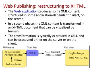 Web Publishing: restructuring to XHTML
• The Web application produces some XML content,
structured in some application-dependent dialect, on
the server.
• In a second phase, the XML content is transformed in
an XHTML document that can be visualized by
humans.
• The transformation is typically expressed in XSLT, and
can be processed either on the server or on the
client.
23
 