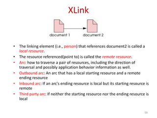 XLink
• The linking element (i.e., person) that references document2 is called a
local resource.
• The resource referenced(point to) is called the remote resource.
• Arc: how to traverse a pair of resources, including the direction of
traversal and possibly application behavior information as well.
• Outbound arc: An arc that has a local starting resource and a remote
ending resource
• Inbound arc: If an arc's ending resource is local but its starting resource is
remote
• Third party arc: If neither the starting resource nor the ending resource is
local
59
 