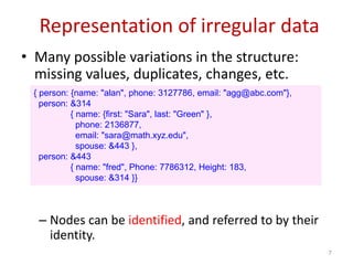 Representation of irregular data
• Many possible variations in the structure:
missing values, duplicates, changes, etc.
– Nodes can be identified, and referred to by their
identity.
{ person: {name: "alan", phone: 3127786, email: "agg@abc.com"},
person: &314
{ name: {first: "Sara", last: "Green" },
phone: 2136877,
email: "sara@math.xyz.edu",
spouse: &443 },
person: &443
{ name: "fred", Phone: 7786312, Height: 183,
spouse: &314 }}
7
 