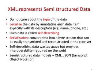 XML represents Semi structured Data
• Do not care about the type of the data
• Serialize the data by annotating each data item
explicitly with its description (e.g. name, phone, etc.)
• Such data is called self-describing
• Serialization: convert data into a byte stream that can
be easily transmitted and reconstructed at the receiver
• Self-describing data wastes space but provides
interoperability (required on the web)
• Semistructured data models – XML, JSON (Javascript
Object Notation)
8
 