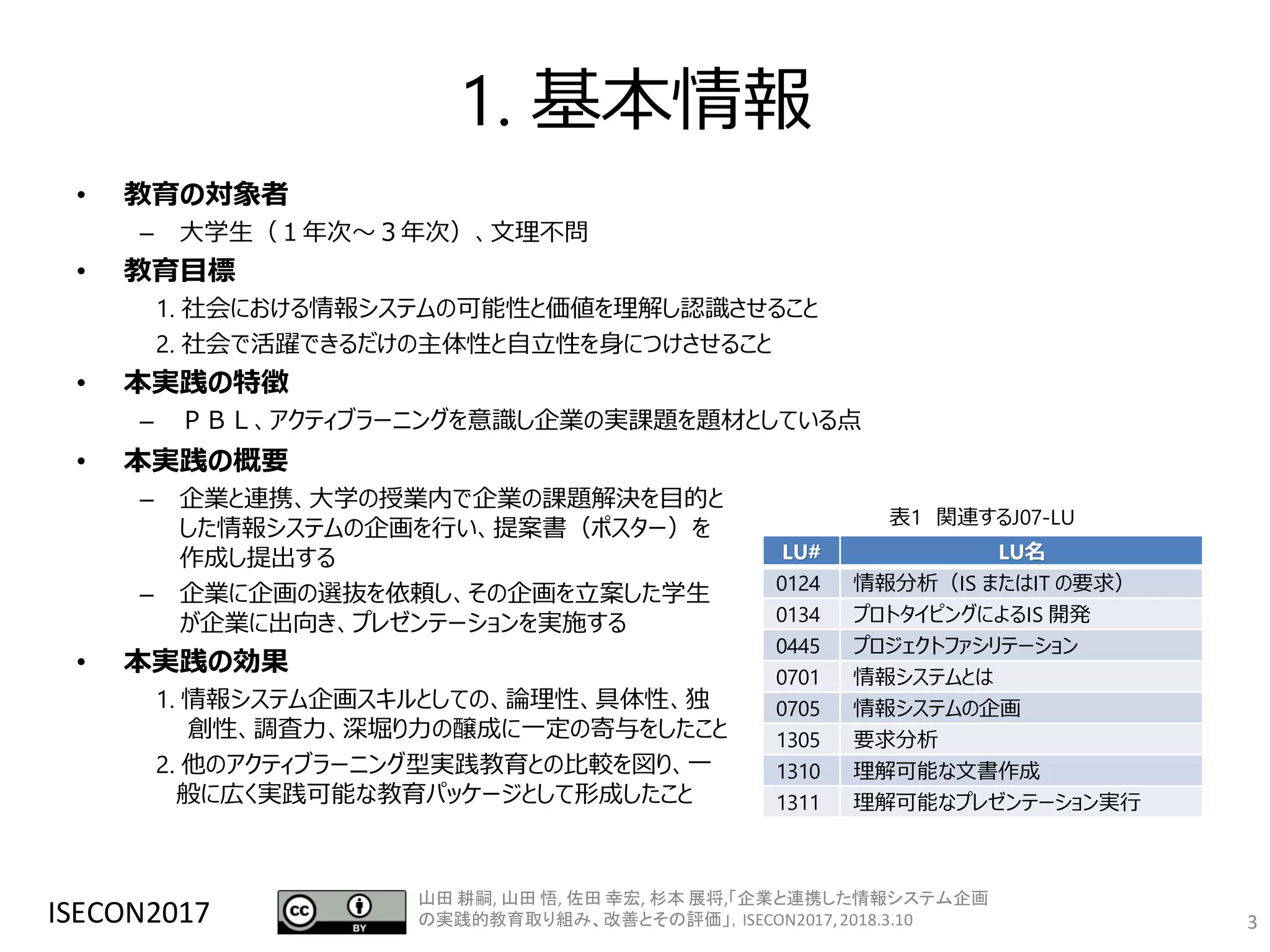 1. 基本情報
• 教育の対象者
– 大学生（１年次～３年次）、文理不問
• 教育目標
1. 社会における情報システムの可能性と価値を理解し認識させること
2. 社会で活躍できるだけの主体性と自立性を身につけさせること
• 本実践の特徴
– ＰＢＬ、アクティブラーニングを意識し企業の実課題を題材としている点
ISECON2017 3
• 本実践の概要
– 企業と連携、大学の授業内で企業の課題解決を目的と
した情報システムの企画を行い、提案書（ポスター）を
作成し提出する
– 企業に企画の選抜を依頼し、その企画を立案した学生
が企業に出向き、プレゼンテーションを実施する
• 本実践の効果
1. 情報システム企画スキルとしての、論理性、具体性、独
創性、調査力、深堀り力の醸成に一定の寄与をしたこと
2. 他のアクティブラーニング型実践教育との比較を図り、一
般に広く実践可能な教育パッケージとして形成したこと
LU# LU名
0124 情報分析（IS またはIT の要求）
0134 プロトタイピングによるIS 開発
0445 プロジェクトファシリテーション
0701 情報システムとは
0705 情報システムの企画
1305 要求分析
1310 理解可能な文書作成
1311 理解可能なプレゼンテーション実行
表1 関連するJ07-LU
山田 耕嗣, 山田 悟, 佐田 幸宏, 杉本 展将,「企業と連携した情報システム企画
の実践的教育取り組み、改善とその評価」，ISECON2017,2018.3.10
 