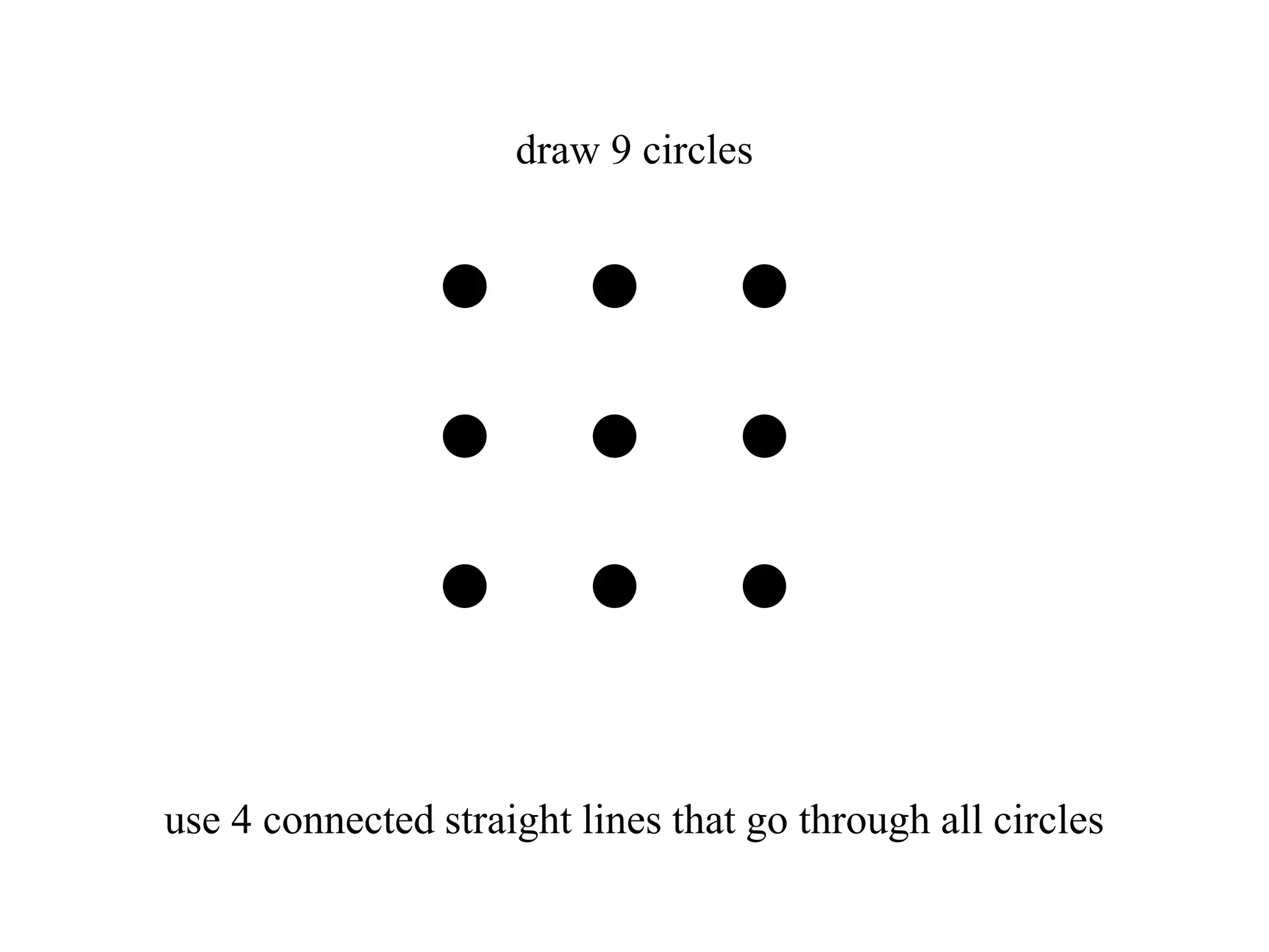 use 4 connected straight lines that go through all circles
draw 9 circles
 