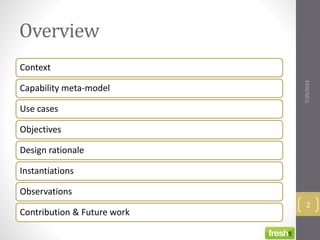 Overview
Context
Capability meta-model
Use cases
Objectives
Design rationale
Instantiations
Observations
Contribution & Future work
7/29/2014
2
 