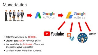 Monetization
Other
• Total Views Should be 10,000+.
• Creator gets 55% of Revenue Share.
• Not Available in Sri Lanka. (There are
alternative ways to enable)
• US views worth more than SL views.
 