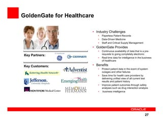 GoldenGate for Healthcare

                        • Industry Challenges
                            •   Paperless Patient Records
                            •   Data-Driven Medicine
                            •   Staff and Critical Supply Management
                        • GoldenGate Provides
                            •   Continuous availability of data that is a pre-
                                requisite to going completely electronic
 Key Partners:
                            •   Real time data for intelligence in the business
                                of healthcare

Key Customers:          • Benefits
                            •   Protect patient data in the event of system
                                outages and other failures
                            •   Save time for health care providers by
                                delivering unified view of all current test
                                results and patient history
                            •   Improve patient outcomes through safety
                                analyses such as drug interaction analysis
                            •    business intelligence




                                                                        27
 