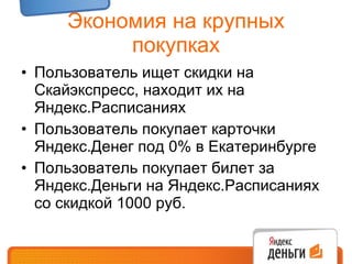 Экономия на крупных покупках Пользователь ищет скидки на Скайэкспресс, находит их на Яндекс.Расписаниях Пользователь покупает карточки Яндекс.Денег под 0% в Екатеринбурге Пользователь покупает билет за Яндекс.Деньги на Яндекс.Расписаниях со скидкой 1000 руб.  