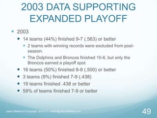 2003 DATA SUPPORTING EXPANDED PLAYOFF200314 teams (44%) finished 9-7 (.563) or better2 teams with winning records were excluded from post-season.The Dolphins and Broncos finished 10-6, but only the Broncos earned a playoff spot.16 teams (50%) finished 8-8 (.500) or better3 teams (9%) finished 7-9 (.438)19 teams finished .438 or better59% of teams finished 7-9 or betterJason Mathas © Copyright  2010-11 • Jason@JasonMathas.com49