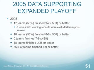 2005 DATA SUPPORTING EXPANDED PLAYOFF200517 teams (53%) finished 9-7 (.563) or better5 teams with winning records were excluded from post-season18 teams (56%) finished 8-8 (.500) or better0 teams finished 7-9 (.438)18 teams finished .438 or better56% of teams finished 7-9 or betterJason Mathas © Copyright  2010-11 • Jason@JasonMathas.com51