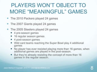 PLAYERS WON’T OBJECT TO MORE “MEANINGFUL” GAMESThe 2010 Packers played 24 gamesThe 2007 Giants played 24 gamesThe 2005 Steelers played 24 games4 pre-season games16 regular season games4 post-season gamesWild card teams reaching the Super Bowl play 4 additional gamesNo player has ever resisted playing more than 16 games, when additional games are played in the post-season.But they’re already resisting the concept of more than 16 games in the regular season.Jason Mathas © Copyright  2010-11 • Jason@JasonMathas.com8