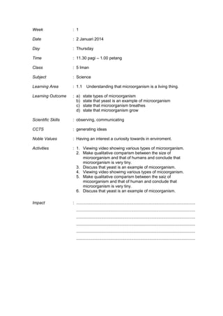 Week : 1
Date : 2 Januari 2014
Day : Thursday
Time : 11.30 pagi – 1.00 petang
Class : 5 Iman
Subject : Science
Learning Area : 1.1 Understanding that microorganism is a living thing.
Learning Outcome : a) state types of microorganism
b) state that yeast is an example of microorganism
c) state that microorganism breathes
d) state that microorganism grow
Scientific Skills : observing, communicating
CCTS : generating ideas
Noble Values : Having an interest a curiosity towards in enviroment.
Activities : 1. Viewing video showing various types of microorganism.
2. Make qualitative comparism between the size of
microorganism and that of humans and conclude that
microorganism is very tiny.
3. Discuss that yeast is an example of micoorganism.
4. Viewing video showimg various types of micoorganism.
5. Make qualitative comparism between the saiz of
micoorganism and that of human and conclude that
microorganism is very tiny.
6. Discuss that yeast is an example of micoorganism.
Impact : ........................................................................................................
........................................................................................................
........................................................................................................
........................................................................................................
........................................................................................................
........................................................................................................
 