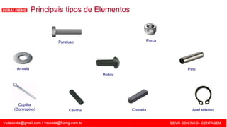 SENAI - MG
Principais tipos de Elementos
Parafuso Porca
Arruela
Rebite
Pino
Cavilha
Cupilha
(Contrapino) Anel elástico
Chaveta
 