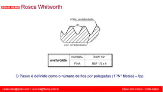 SENAI - MG
Rosca Whitworth
O Passo é definido como o número de fios por polegadas (1”/N° filetes) – fpp.
 