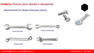 SENAI - MG
Chave de boca
Chave Combinada
Chave estria Chave Inglesa
Chaves para apertar e desapertar
Atarraxamento de cabeça sextavada externa
 