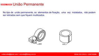 SENAI - MG
No tipo de união permanente, os elementos de fixação, uma vez instalados, não podem
ser retirados sem que fiquem inutilizados.
União Permanente
 