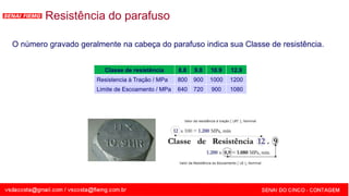 SENAI - MG
Resistência do parafuso
O número gravado geralmente na cabeça do parafuso indica sua Classe de resistência.
Classe de resistência 8.8 9.8 10.9 12.9
Resistencia à Tração / MPa 800 900 1000 1200
Limite de Escoamento / MPa 640 720 900 1080
 