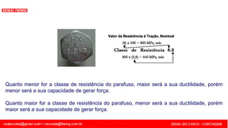 SENAI - MG
Quanto menor for a classe de resistência do parafuso, maior será a sua ductilidade, porém
menor será a sua capacidade de gerar força.
Quanto maior for a classe de resistência do parafuso, menor será a sua ductilidade, porém
maior será a sua capacidade de gerar força.
 
