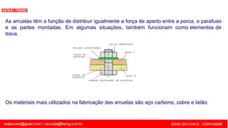 SENAI - MG
As arruelas têm a função de distribuir igualmente a força de aperto entre a porca, o parafuso
e as partes montadas. Em algumas situações, também funcionam como elementos de
trava.
Os materiais mais utilizados na fabricação das arruelas são aço carbono, cobre e latão.
 