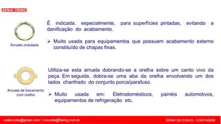 SENAI - MG
Arruela ondulada
É indicada, especialmente, para superfícies pintadas, evitando a
danificação do acabamento.
 Muito usada para equipamentos que possuem acabamento externo
constituído de chapas finas.
Arruela de travamento
com orelha
Utiliza-se esta arruela dobrando-se a orelha sobre um canto vivo da
peça. Em seguida, dobra-se uma aba da orelha envolvendo um dos
lados chanfrado do conjunto porca/parafuso.
 Muito usada em: Eletrodomésticos, painéis automotivos,
equipamentos de refrigeração etc.
 