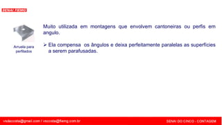 SENAI - MG
Arruela para
perfilados
Muito utilizada em montagens que envolvem cantoneiras ou perfis em
angulo.
 Ela compensa os ângulos e deixa perfeitamente paralelas as superfícies
a serem parafusadas.
 