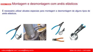 SENAI - MG
Montagem e desmontagem com anéis elásticos
É necessário utilizar alicates especiais para montagem e desmontagem de alguns tipos de
anéis elásticos.
 
