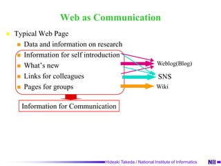 Web as CommunicationTypical Web PageData and information on researchInformation for self introductionWhat’s newLinks for colleaguesPages for groupsInformation for CommunicationMy web page around 1996