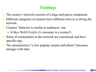 A partof network of re-using relationship among creators using HatuneMiku on NicoNicoDougaOur interests What types of social network do creators have?