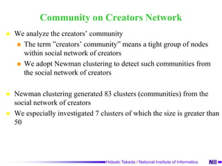 Relationship among categories of creationMany creators re-use Songwriting creators’ contentsMany Illustration creators re-use others’ contents5820370I(Illustration)C(Song creation)131102652001495958I&CW(Songwriting )W&C75149241unknown5368W&IW&I&C152