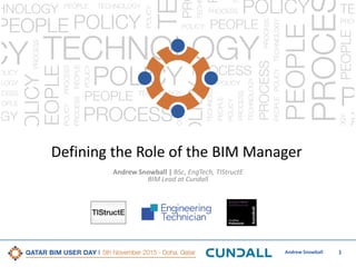 1Andrew Snowball
Defining the Role of the BIM Manager
Andrew Snowball | BSc, EngTech, TIStructE
BIM Lead at Cundall
 