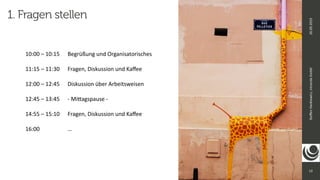 12
Ste
ff
en
Hankiewicz,
intranda
GmbH
26.09.2019
1. Fragen stellen
10:00 – 10:15
	
Begrüßung und Organisatorisches


11:15 – 11:30
	
Fragen, Diskussion und Ka
ff
ee


12:00 – 12:45
	
Diskussion über Arbeitsweisen


12:45 – 13:45
	
- Mi
tt
agspause -


14:55 – 15:10
	
Fragen, Diskussion und Ka
ff
ee


16:00
	
	
	
	
…


 