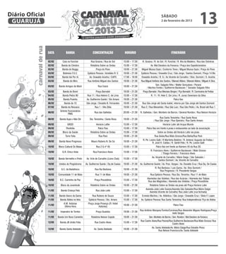 Diário Oficial
 GUARUJÁ
                                                                                                                                           sábado
                                                                                                                                           2 de fevereiro de 2013
                                                                                                                                                                                    13
           carnaval de rua

                             data           banda                     concentração                    horário                                        itinerário

                             02/02       Caia na Funchal            Rua Graúna / Rua do Sol          15:00 – 17:30     R. Graúna / R. do Sol / R. Funchal / R. Ilha da Madeira / Rua das Ostreiras
                             02/02      Banda do Cérebro            Rotatória Sobre as Ondas         15:00 – 17:30             Av. Mal Deodoro da Fonseca / Praça dos Expedicionários
                             02/02       Banda do Buggy                  Praça do Povo               19:00 – 21:30    Miguel Mussa Gaze / Contorno Trevo / Miguel Mussa Gaze / Praça do Povo
                             03/02       Boêmios F.S.C.          Epitácio Pessoa / Aristides R. C    19:00 – 21:30    Epitácio Pessoa / Oswaldo Cruz / São Jorge / Santos Dumont / Praça 14 Bis
                             03/02       Banda Vai Por Aí         Av. Oswaldo Aranha / CAPS          17:00 – 19:30    Oswaldo Aranha / R. G / Av Vicente de Carvalho / Stos. Dumont / O. Aranha
                             03/02       Banda do Miro           Rua Antônio Miguel dos Santos       19:00 – 21:30    Rua Miguel Antônio dos Santos / Manoel Albino / Manoel Albino / Miguel A Stos.
                                                                                                                                     Sen. Salgado Filho / Walter Gonçalves / Paraná
                             03/02    Banda Amigos da Maré                 Rua Ceará                 19:00 – 21:30
                                                                                                                            / Martins Fontes / Guilherme Backeuser / Senador Salgado Filho
                             03/02       Banda do Borel                  Praça Barnabé               19:00 – 21:30      Praça Barnabé / Rua Messias Borges / Pça Barnabé / R. Carmosina de Freitas
                             04/02       Banda Pedra 90         Rua 11 / Rua Heleno C. de Lima       15:00 – 17:30              R. 11 / R. Hele C. De Lima / R. Juraci Severiano da Silva
                             05/02        Banda Prainha         Av. Guilherme Guinle / Sto Amaro     19:00 – 21:30                                      Palco fixo
                             06/02        Banda da 10          São Jorge / Osvaldo B. Fernandes      19:00 – 21:30     Rua São Jorge até Santa Isabel, retorno por São Jorge até Santos Dumont
                             07/02      Banda da Ressaca                Rua 1 - Vila Zilda           19:00 – 21:30    Rua 2 / Rua Maranhão / Rua São Luiz / Rua São Pedro / Av. Brasil até Rua 1
                                       Grêmio Funcionários
                             08/02                                      Rua das Galhetas             20:00 – 21:30   R. Galhetas / Gen. Monteiro de Barros / General Rondon / Rua Nelson Horácio
                                              PMG
                                                                                                                                         Rua Santa Terezinha / Rua Santa Rosa
                             08/02    Banda Xupo+Não Dô            Sta. Terezinha / Santa Rosa       19:00 – 21:30
                                                                                                                                   / Rua São Jorge / Rua Operária / Rua Santo Amaro
                             09/02            GRDD                       Horácio Laffer              15:00 – 17:30                          Horácio Lafer até Acqua Mundo
                             09/02          Perefolia                      Palco Fixo                15:00 – 17:30         Palco fixo em frente à praia e restaurantes ao lado da associação
                             09/02       Bloco da Saúde             Rotatória Sobre as Ondas         15:00 – 17:30                     Sobre as Ondas até Horácio Lafer via praia
                             09/02          Torre Folia                     Rua Pará                 19:00 – 21:30                  Rua Goiás/Rua Mato Grosso/Rua Bahia/Rua Pará
                                                                                                                       R. Pe. Levino Galli / R Martinha Boldrini / R. Antenor Augusto de Freitas /
                             09/02    Banda Nova Progresso          Mauro Rubens N. De Sá            19:00 – 21:30
                                                                                                                                R. José H. Caldas / R. Gentil Félix / R. Pe. Levino Galli
                             10/02   Bloco Cultural Os Maias             Rua 2 G nº 45               15:00 – 17:30                   Palco fixo em frente ao Número 45 da Rua 2G
                                                                                                                                R. Francisco Alves / Guilherme Backeuser / Mato Grosso
                             10/02       G.R. Chico Viola             Rua Francisco Alves            15:00 – 17:30
                                                                                                                                           / Thiago Ferreira / Francisco Alves
                                                                                                                                 Av. Vicente de Carvalho / Mário Daige / São Salvador /
                             10/02   Banda Vermelho e Preto     Av. Vcte de Carvalho (Lions Club)    15:00 – 17:30
                                                                                                                                        Santos Dumont / Av. Vicente de Carvalho
                             10/02    Unidos do Pingódromo     Av. Guilherme Guinle / Dq de Caxias   19:00 – 21:30   Av. Guilherme Guinle / Av. Pres. Vargas / Av. Osvaldo Cruz / Rua Dq. De Caxias
                                                                                                                                    R. Rui Barbosa / Luis Gama / Av. Stos Dumont /
                             10/02      G.C. da Badalhoca               Rua Rui Barbosa              19:00 – 21:30
                                                                                                                                         Rua Progresso / R. Presidente Vargas
                             10/02   Comunidade 11 de Maio              Rua 11 de Maio               19:00 – 21:30             Rua Epitácio Pessoa / Rua Sta. Tersinha / Rua 11 de Maio
                                                                                                                            Alamedas das Violetas / Rua das Acácias / Alameda das Tulipas
                             10/02    B.C. Caminho da Paz               Praça Possidônio             15:00 – 17:30
                                                                                                                             Rua das Magnólias / Alameda das Violetas / Praça Possidônio
                             10/02     Bloco da Juventude           Rotatória Sobre as Ondas         19:00 – 21:30             Rotatória Sobre as Ondas via praia até Praça Horácio Lafer
                                                                                                                          Avenida João Leite Soares/Avenida São Salvador/Rua Mário Daige/
                             11/02     Banda Criança Feliz               Rua João Leite              15:00 – 17:30
                                                                                                                             Avenida Vicente de Carvalho/ Rua João Leite (rua fechada)
                             11/02    Banda Vasco da Gama            Rua Rubens de Souza             15:00 – 17:30    Ernesto Martins / Av. Atlântica / São Jorge / Oswaldo Cruz / Sílvio F. Lopes
                             11/02     Banda Aldeia na Veia       Epitácio Pessoa / Sto. Amaro       15:00 – 17:30    Av. Epitácio Pessoa/ Rua Santa Terezinha/ Rua Independência/ Pça da Aldeia
                                          A.M. Astúrias          Praça Jorge Proença (Fr. Hotel
                             11/02                                                                   19:00 – 21:30                                     Palco Fixo
                                           Última Hora                     Astúrias)
                                                                                                                     Rua Antônio Marques/Tombo/Corvinas/Rua Alexandre Migues Rodrigues/Praça
                             11/02     Imperatriz do Tombo               Praça Guaiúba               19:00 – 21:30
                                                                                                                                                  Ivete Vargas
                             11/02   Banda Um Novo Caminho          Rotatória Nelson Cajado          19:00 – 21:30            Gen. Monteiro de Barros / Gen. Rondon / Mal Deodoro da Fonseca
                                                                                                                     Rua Castro Alves/Rua Paraná/Rua Guilherme Backeuser/Rua Mato Grosso/ Rua
                             12/02    Banda JB União Folia              Rua Castro Alves             15:00 – 17:30
                                                                                                                                                    Castro Alves
                                                                                                                                 Av. Santa Adelaide/Av. Mário Daige/Rua Edvaldo Pires/
                             12/02    Banda Santa Adelaide             Av. Santa Adelaide            19:00 – 21:30
                                                                                                                                       Rua Nelson Francisco/Av. Santa Adelaide
 