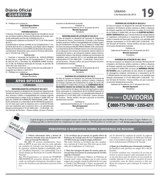 Diário Oficial
 GUARUJÁ
                                                                                                                                                      sábado
                                                                                                                                                      2 de fevereiro de 2013
                                                                                                                                                                                           19
III – Publique-se e cumpra-se.                                       encontra-se devidamente instruído.                                                  DISPENSA DE LICITAÇÃO Nº 002/2013
                     Célia Rodrigues Ribeiro                                                Publique-se.                                    Em face ao exposto no despacho da Comissão Permanente de
                       Diretora Presidente                                Gabinete da Presidência, em 21 de janeiro de 2013.                Licitações e da Diretoria Jurídica, autorizo e ratifico a dispensa
                                                                                         Marcelo Squassoni                                  de licitação sugerida com fundamento no artigo 24, inciso XXII,
                       PORTARIA 009/2013                                                     Presidente                                     da Lei Federal nº 8.666/1993, em favor de ELEKTRO ELETRICI-
A Diretora Presidente do Fundo Especial de Previdência Social                                                                               DADE E SERVIÇOS S.A, para o fornecimento de energia elétrica
dos servidores públicos efetivos do Município de Guarujá, usan-               INEXIGIBILIDADE DE LICITAÇÃO Nº 002/2013                      ao Legislativo, estimando-se a importância de R$ 160.000,00
do das atribuições que lhe são conferidas por lei, e,                Em face ao exposto no despacho da Comissão de Julgamento
                                                                                                                                            (cento e sessenta mil reais) para o exercício, a ser atendida pela
Considerando o disposto no Decreto N° 10.173, de 18 de Janeiro       de Tomada de Preços, Concorrências e Convites e da Diretoria
                                                                                                                                            dotação orçamentária nº 01.031.4005.2.001-3.3.90.39.00 - Ou-
de 2013;                                                             Jurídica, autorizo e ratifico a Inexigibilidade de Licitação sugeri-
Considerando as normas contidas na Lei Complementar n° 135,          da com fundamento no artigo 25 da Lei Federal nº 8.666/1993,           tros Serviços de Terceiros - Pessoa Jurídica, vez que o processo
de 04 de abril de 2012, e alterações, que dispõe sobre o Regime      em favor da empresa VIAÇÃO PIRACICABANA LTDA, estimando-               se encontra devidamente instruído.
Próprio de Previdência Social (RPPS) do Município de Guarujá;        se a importância de R$ 25.000,00 (vinte e cinco mil reais) para su-                              Publique-se.
Considerando finalmente o que consta no Processo Administra-         prir as despesas com serviços de transporte coletivo urbano no                Gabinete da Presidência, em 29 de janeiro de 2013.
tivo n° 010/2013 de 23/01/13,                                        município de Santos e do transporte coletivo urbano intermu-                                 Marcelo Squassoni
                            RESOLVE:                                 nicipal entre Santos e São Vicente, utilizado por funcionários do                                 Presidente
I – Autorizar a concessão do benefício de AUXILIO-DOENÇA             Legislativo, para o exercício 2013, a ser atendida pela dotação
de que trata o artigo 860 da Lei Complementar n° 135 de 04           orçamentária nº 01.031.4005.2.001 – 3.3.90.39.00 – Outros Servi-                   DISPENSA DE LICITAÇÃO Nº 003 / 2013
de abril de 2012, a Servidora Sra. ROSEMEIRE GAMA, Prontuá-          ços de Terceiros – Pessoa Jurídica, vez que o Processo encontra-       Em face ao exposto no despacho da Comissão Permanente de
rio 14.186, da Prefeitura Municipal de Guarujá, no período de        se devidamente instruído.                                              Licitações e da Diretoria Jurídica, autorizo e ratifico a dispensa
18/01/2013 até 18/02/2013.                                                                       Publique-se.                               de licitação sugerida com fundamento no artigo 24, inciso VIII,
II – Esta Portaria entrará em vigor na data de sua publicação, re-          Gabinete da Presidência, em 30 de janeiro de 2013.              da Lei Federal nº 8.666/1993, em favor de IMPRENSA OFICIAL
troagindo seus efeitos a 18/01/2013.                                                        Marcelo Squassoni                               DO ESTADO, para a publicação de atos oficiais do Legislativo
III – Publique-se e cumpra-se.                                                                    Presidente
                                                                                                                                            de abrangência estadual, estimando-se a importância de R$
                     Célia Rodrigues Ribeiro
                                                                                                                                            15.000,00 (quinze mil reais) para o exercício, a ser atendida pela
                        Diretora Presidente                                       DISPENSA DE LICITAÇÃO Nº 001/2013
                                                                     Em face ao exposto no despacho da Comissão Permanente de               dotação orçamentária nº 01.031.4005.2.001-3.3.90.39.00 - Ou-
                                                                                                                                            tros Serviços de Terceiros - Pessoa Jurídica, vez que o processo
             Atos oficiais                                           Licitações e da Diretoria Jurídica, autorizo e ratifico a dispensa
                                                                     de licitação sugerida com fundamento no artigo 24, inciso VIII,        se encontra devidamente instruído.
                                                                                                                                                   Gabinete da Presidência, em 31 de janeiro de 2.013.
                        câmara                                       da Lei Federal nº 8.666/1993, em favor de COMPANHIA DE SA-
                                                                                                                                                                  Marcelo Squassoni
                                                                     NEAMENTO BÁSICO DO ESTADO DE SÃO PAULO - SABESP,
        INEXIGIBILIDADE DE LICITAÇÃO Nº 001/2013                     para o fornecimento de água e serviços de esgoto para o Legis-                                    Presidente
Em face ao exposto no despacho da Comissão de Julgamento de          lativo, estimando-se a importância de R$ 45.000,00 (quarenta e
Tomada de Preços, Concorrências e Convites e da Diretoria Jurí-      cinco mil reais) para o exercício, a ser atendida pela dotação or-


                                                                                                                                                                  Ouvidoria
dica, autorizo e ratifico a Inexigibilidade de Licitação sugerida    çamentária nº 01.031.4005.2.001-3.3.90.39.00 - Outros Serviços
com fundamento no artigo 25 da Lei Federal nº 8.666/1993, em         de Terceiros - Pessoa Jurídica, vez que o processo se encontra           Fale com a
favor do CENTRO DE FORMAÇÃO PROFISSIONAL CAMP - GUA-                 devidamente instruído.
RUJÁ, estimando-se a importância de R$ 400.000,00 (quatrocen-                                   Publique-se.

                                                                                                                                                 0800-773-7000 • 3355-4211
tos mil reais) para suprir as despesas com o convênio firmado               Gabinete da Presidência, em 11 de janeiro de 2013.
com este Legislativo, para o exercício 2013, a ser atendida pela                            Marcelo Squassoni
dotação orçamentária nº 01.031.4005.2.001 – 3.3.90.39.00 – Ou-                                   Presidente
tros Serviços de Terceiros – Pessoa Jurídica, vez que o Processo




                                 A partir de agora, os servidores públicos municipais contam com canal de comunicação para sanar dúvidas sobre o Plano de Carreira, Cargos e Salários e as
    can                          mudanças geradas na vida funcional com a implantação do regime estatutário. Dúvidas podem ser enviadas para o e-mail: duvidas.migração@guaruja.sp.gov.br

   ser al d
      vid o                                                PERGUNTAS E RESPOSTAS SOBRE A MUDANÇA DE REGIME
         or
                            1. Solicito informações sobre o destino do          2. Os servidores que já estavam no quadro efetivo da            ção do adicional de condução de veículos de urgência
                           desconto efetuado neste mês de Janeiro refe-         Prefeitura de Guarujá antes da Lei Complementar nº              e emergência e a Gratificação de Dedicação Exclusiva
                          rente ao Guarujá Previdência?                         135/2012 terão que cumprir estágio probatório?                  para os procuradores jurídicos municipais que se dedi-
                         Art. 843. Os recursos previdenciários vincu-           Não todos. Somente os servidores que não completa-              carem exclusivamente à Prefeitura de Guarujá.
                  lados ao RPPS de que trata esta Lei, serão aplicados          ram o período de 3 (três) anos. Eles terão que ser anali-
                  nas condições de mercado, com observância de regras           sados até completarem os 3 (três) anos.                         4. Quais são os benefícios para o funcionário estudante?
                  de segurança, solvência, liquidez, rentabilidade, prote-                                                                      Os benefícios estão previstos nos artigos 261 e 262 do
                  ção e prudência financeira, e em conformidade com as          3. Além das vantagens do plano de carreira, quais ou-           Estatuto.
                  normas fixadas por Resolução do Conselho Monetário            tras previsões de aumento na remuneração do servidor,           O servidor estudante tem o benefício de nos dias de
                  Nacional.                                                     segundo o Estatuto?                                             exames ou provas requerer saída antecipada do servi-
                  Art. 771. O patrimônio e as receitas do GUARUJÁ               O Estatuto dos Servidores Públicos da Prefeitura de             ço até uma hora antes do término de sua jornada de
                  PREVIDÊNCIA possuirão afetação específica, fi-                Guarujá prevê outras vantagens que já eram anseios              trabalho habitual. E tem ainda o benefício de serem
                  cando sua utilização estritamente vinculada ao paga-          antigos, por exemplo: criação do adicional de risco para        considerados como de efetivo exercício os dias que
                  mento dos benefícios previdenciários previstos nesta          a Guarda Civil Municipal e Vigias, incorporação do              deixar de comparecer para realização de exames ves-
                  Lei.                                                          adicional de 10% para os Condutores de Veículos, cria-          tibulares.
 