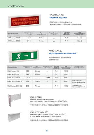 8
КРИСТАЛЛ СН
скрытая надпись
КРОНШТЕЙН
для настенного крепления
двустороннего светоуказателя КРИСТАЛЛ
Материал: металл, порошковая покраска
Модификации Напряжение
питания
Ток
потребления
Потребляемая
мощность
Степень
защиты
оболочки
Вид
климатического
исполнения
КРИСТАЛЛ-12 СН 12 В 35 мА __ IP 41 УХЛ 2
КРИСТАЛЛ-24 СН 24 В 35 мА __ IP 41 УХЛ 2
Модификации Напряжение
питания
Ток
потребления
Потребляемая
мощность
Степень
защиты
оболочки
Вид
климатического
исполнения
Особенности
модификации
КРИСТАЛЛ-12 Д 12 В 35 мА __ IP 41 УХЛ 2
КРИСТАЛЛ-12 Д 24 В 35 мА __ IP 41 УХЛ 2
КРИСТАЛЛ-220 Д 220 В __ 15 В•А IP 40 УХЛ 3
КРИСТАЛЛ-12-МС Д 12 В 70 мА __
IP 41 УХЛ 2 повышенная
яркость свечения
КРИСТАЛЛ-24-МС Д 24 В 70 мА __
IP 41 УХЛ 2 повышенная
яркость свечения
Надписи и пиктограммы
видны только в режиме оповещения
КРИСТАЛЛ Д
двустороннее исполнение
КОЗЫРЕК 330 х 130
для светоуказателей КРИСТАЛЛ и ЛЮКС,
устанавливаемых вне помещений
Материал: металл, порошковая покраска
omelta.com
Настенное и потолочное
крепление
 