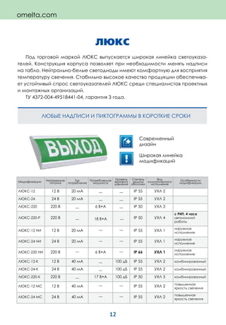 12
ЛЮКС
Под торговой маркой ЛЮКС выпускается широкая линейка светоуказа-
телей. Конструкция корпуса позволяет при необходимости менять надписи
на табло. Нейтрально-белые светодиоды имеют комфортную для восприятия
температуру свечения. Стабильно высокое качество продукции обеспечива-
ет устойчивый спрос светоуказателей ЛЮКС среди специалистов проектных
и монтажных организаций.
ТУ 4372-004-49518441-04, гарантия 3 года.
omelta.com
ЛЮБЫЕ НАДПИСИ И ПИКТОГРАММЫ В КОРОТКИЕ СРОКИ
Современный
дизайн
Широкая линейка
модификаций
Модификации Напряжение
питания
Ток
потребления
Потребляемая
мощность
Уровень
звукового
давления
Степень
защиты
оболочки
Вид
климатического
исполнения
Особенности
модификации
ЛЮКС-12 12 В 20 мА __ __ IP 55 УХЛ 2
ЛЮКС-24 24 В 20 мА __ __ IP 55 УХЛ 2
ЛЮКС-220 220 В __ 6 В•А __ IP 50 УХЛ 3
ЛЮКС-220-Р 220 В __ 18 В•А __ IP 50 УХЛ 4
с РИП, 4 часа
автономной
работы
ЛЮКС-12 НИ 12 В 20 мА __ __ IP 55 УХЛ 1
наружное
исполнение
ЛЮКС-24 НИ 24 В 20 мА __ __ IP 55 УХЛ 1
наружное
исполнение
ЛЮКС-220 НИ 220 В __ 6 В•А __ IP 66 УХЛ 1
наружное
исполнение
ЛЮКС-12-К 12 В 40 мА __ 100 дБ IP 55 УХЛ 2 комбинированный
ЛЮКС-24-К 24 В 40 мА __ 100 дБ IP 55 УХЛ 2 комбинированный
ЛЮКС-220-К 220 В __ 17 В•А 100 дБ IP 50 УХЛ 3 комбинированный
ЛЮКС-12 МС 12 В 40 мА __ __ IP 55 УХЛ 2
повышенная
яркость свечения
ЛЮКС-24 МС 24 В 40 мА __ __ IP 55 УХЛ 2
повышенная
яркость свечения
 