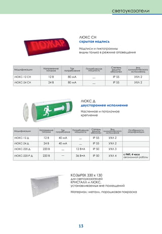 13
omelta.comсветоуказатели
ЛЮКС СН
скрытая надпись
Модификации Напряжение
питания
Ток
потребления
Потребляемая
мощность
Степень
защиты
оболочки
Вид
климатического
исполнения
ЛЮКС-12 СН 12 В 80 мА __ IP 55 УХЛ 2
ЛЮКС-24 СН 24 В 80 мА __ IP 55 УХЛ 2
Модификации Напряжение
питания
Ток
потребления
Потребляемая
мощность
Степень
защиты
оболочки
Вид
климатического
исполнения
Особенности
модификации
ЛЮКС-12 Д 12 В 40 мА __ IP 55 УХЛ 2
ЛЮКС-24 Д 24 В 40 мА __ IP 55 УХЛ 2
ЛЮКС-220 Д 220 В __ 12 В•А IP 50 УХЛ 3
ЛЮКС-220-Р Д 220 В __ 36 В•А IP 50 УХЛ 4
с РИП, 4 часа
автономной работы
Надписи и пиктограммы
видны только в режиме оповещения
ЛЮКС Д
двустороннее исполнение
КОЗЫРЕК 330 х 130
для светоуказателей
КРИСТАЛЛ и ЛЮКС,
устанавливаемых вне помещений
Материал: металл, порошковая покраска
Настенное и потолочное
крепление
 
