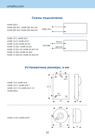 32
Схемы подключения
Установочные размеры, в мм
МАЯК-12-К, МАЯК-24-К
МАЯК-12-К Т, МАЯК-24-К Т
МАЯК-12-К 110, МАЯК-24-К 110
МАЯК-220-К
4
4 отв.
140
4090
110
58
10
МАЯК-12-КП, МАЯК-24-КП
80
90
100
4
2 отв.
42
МАЯК-220-С
МАЯК-220-ЗМ1, МАЯК-220-ЗМ1-НИ
МАЯК-220-ЗМ2, МАЯК-220-ЗМ2-НИ
МАЯК-12-С, МАЯК-24-С
МАЯК-12-СТ, МАЯК-24-СТ
МАЯК-12-ЗМ, МАЯК-24-ЗМ
МАЯК-12-ЗМ1, МАЯК-24-ЗМ1
МАЯК-12-ЗМ1 НИ, МАЯК-24-ЗМ1 НИ
МАЯК-12-ЗМ2, МАЯК-24-ЗМ2
МАЯК-12-ЗМ2 НИ, МАЯК-24-ЗМ2 НИ
omelta.com
 